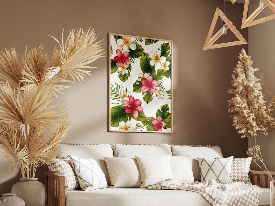 Watercolor Tropical Floral Pattern Plumeria Monstera Leaf Art Poster - Image 3