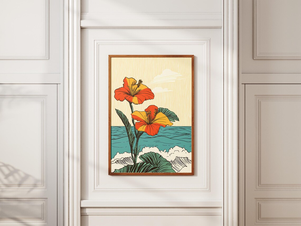Vivid Orange Hibiscus Flowers Blooming Over Teal Ocean Waves Poster - Image 2