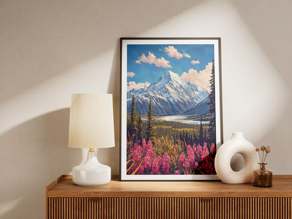 Snowy Mountain Peak Pink Wildflowers Alpine Valley Meadow Poster - Image 4