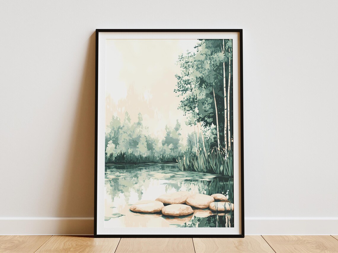 Misty Morning Pond With Stepping Stones And Birch Trees Poster