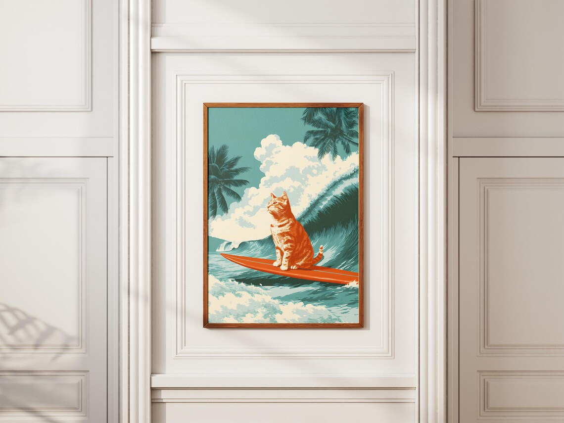 Orange Tabby Cat Surfing Huge Tropical Wave Beach Art Poster - Image 2