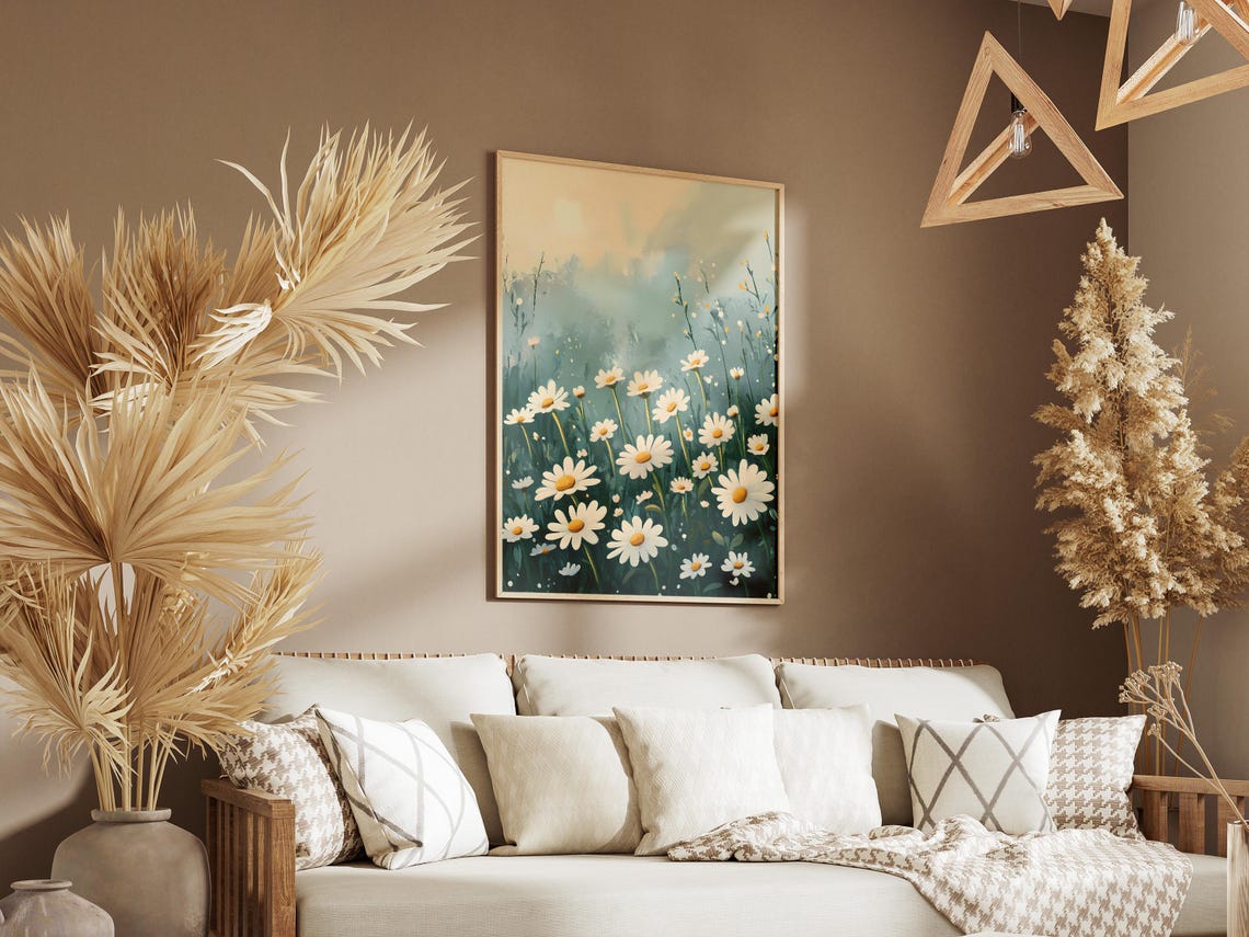 White Daisies Misty Pale Meadow Calm Botanical Flower Poster - Image 3