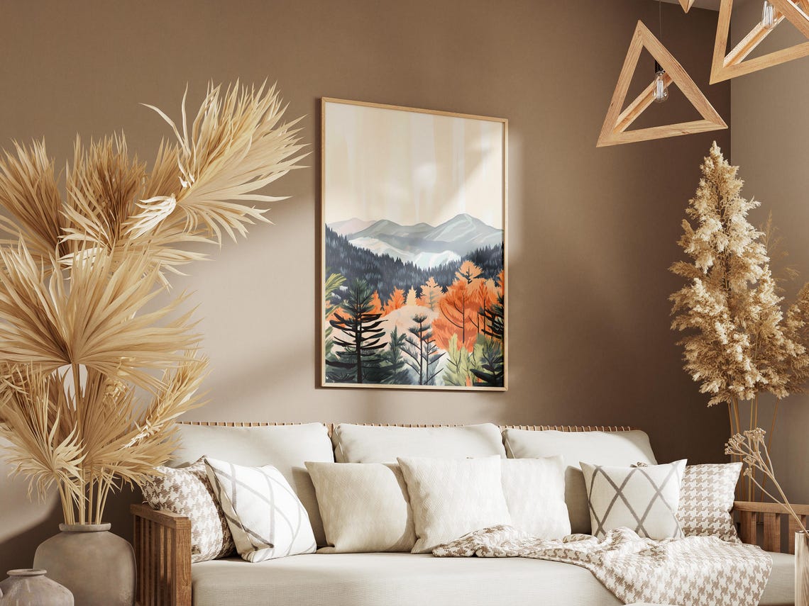 Foggy Pine Forest With Glowing Orange Trees at Dawn Landscape Poster - Image 3