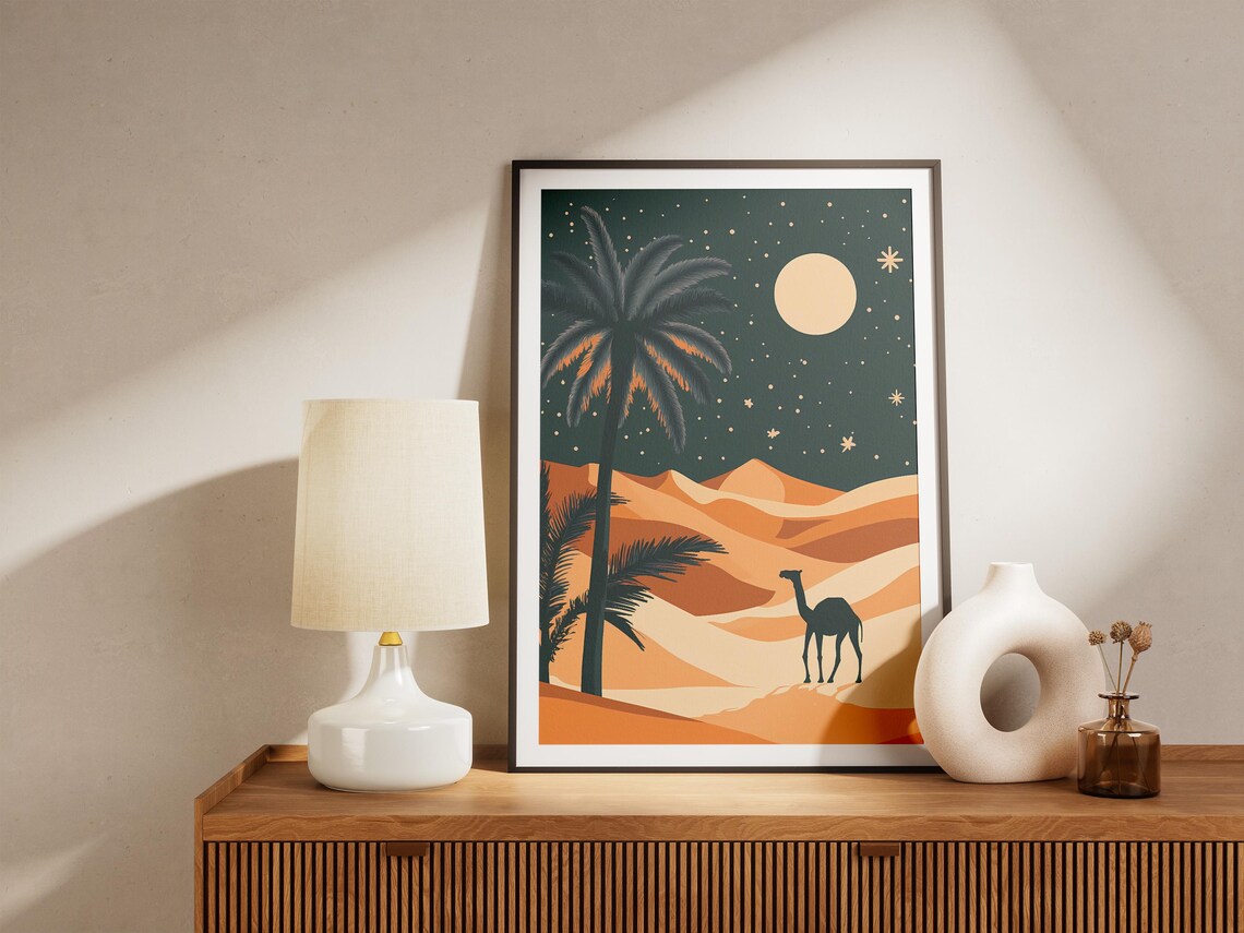 Sahara Camel and Palm Trees Under a Starry Night Desert Poster - Image 5