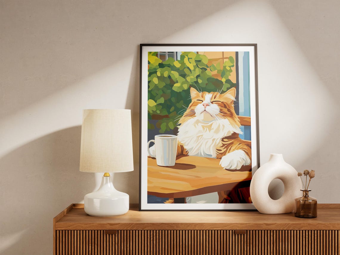 Fluffy Orange Cat Relaxing With Coffee Cozy Cafe Table Poster - Image 4