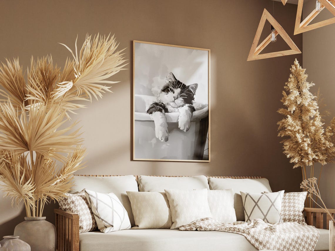 Turkish Van Cat Bathtub Bubble Bath Poster Black And White Pet Portrait Print Funny Art Modern Home Decor Bathroom Wall - Image 3