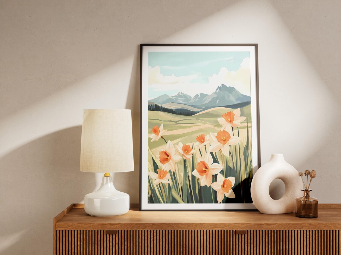 Daffodil Meadow In Green Valley Below Rocky Mountain Peaks Poster - Image 5