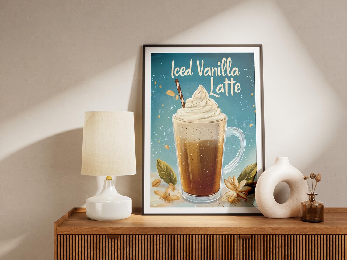 Retro Iced Vanilla Latte Tall Glass Teal Summer Drink Menu Poster - Image 5
