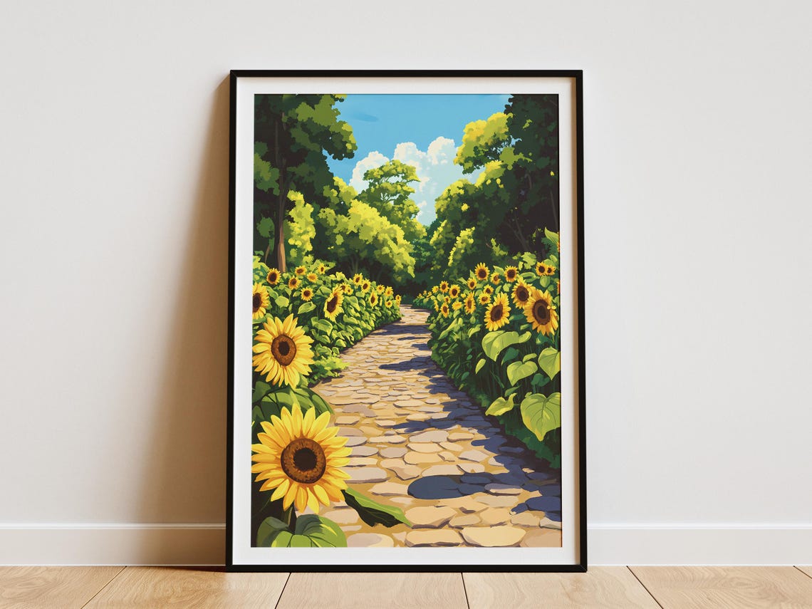 Sunflower Path Cobblestone Garden Summer Illustration Poster