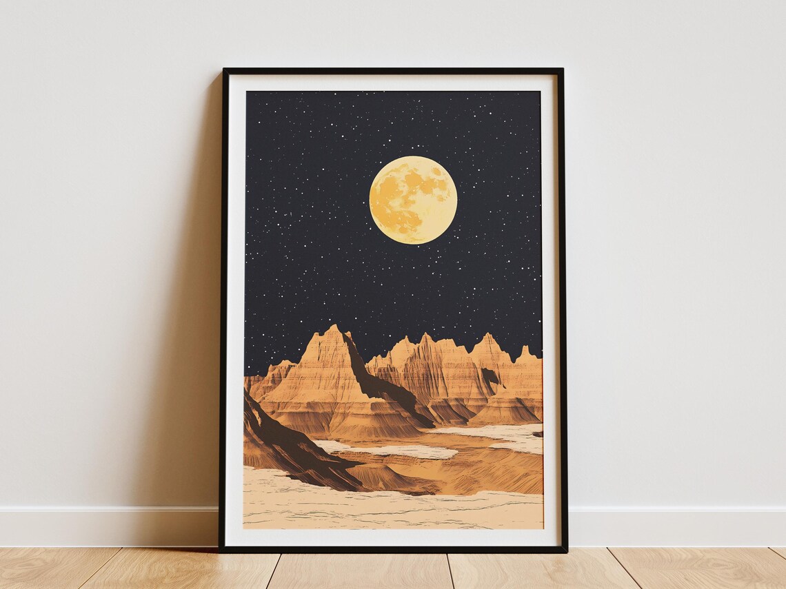 Badlands National Park Full Moon Over Rugged Desert Peaks Night Sky Poster