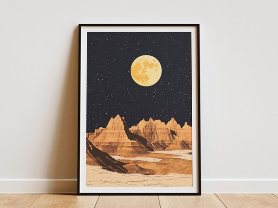 Badlands National Park Full Moon Over Rugged Desert Peaks Night Sky Poster