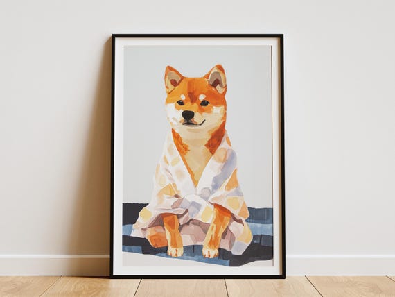 Shiba Inu Puppy In Bathrobe Poster Dog Art Print Watercolor Animal Cute Wall Decor Bathroom Lover Gift