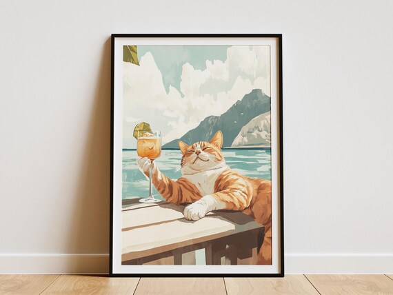 Orange Tabby Cat Raising Lime Cocktail At Seaside Bar Table Poster