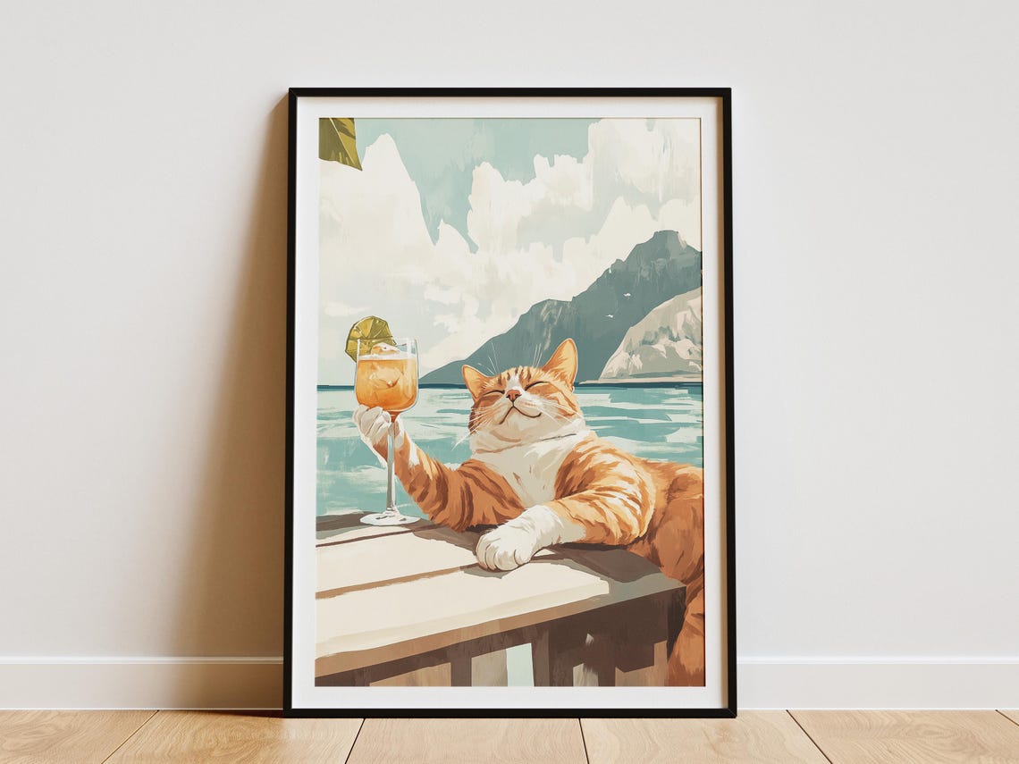 Orange Tabby Cat Raising Lime Cocktail At Seaside Bar Table Poster
