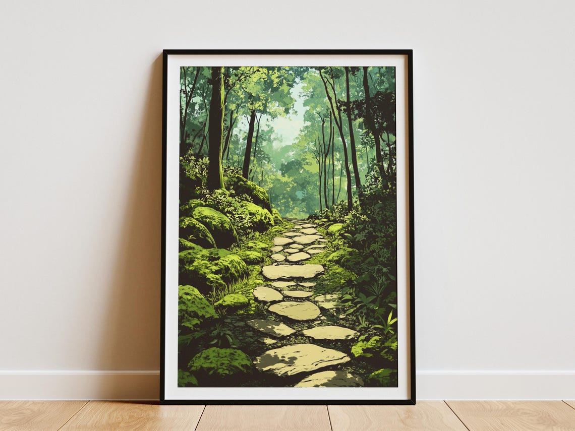 Mossy Stone Path Winding Through Lush Green Forest Art Poster