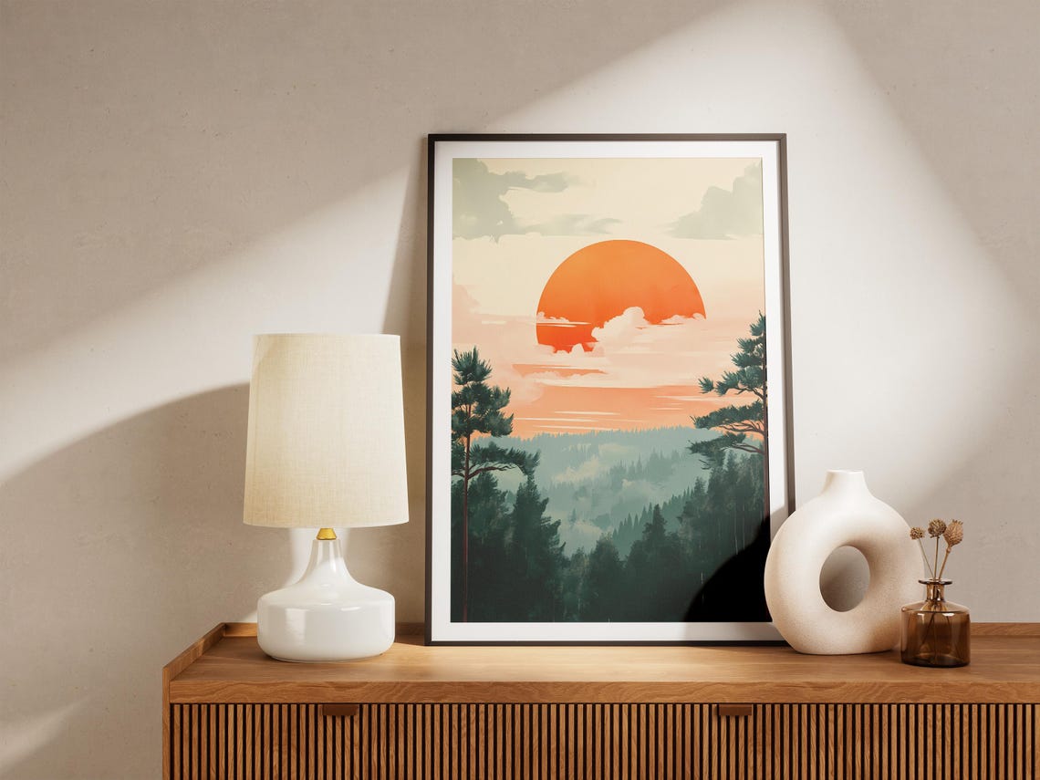 Giant Orange Sun Setting Over Misty Pine Forest Sunset Poster - Image 5