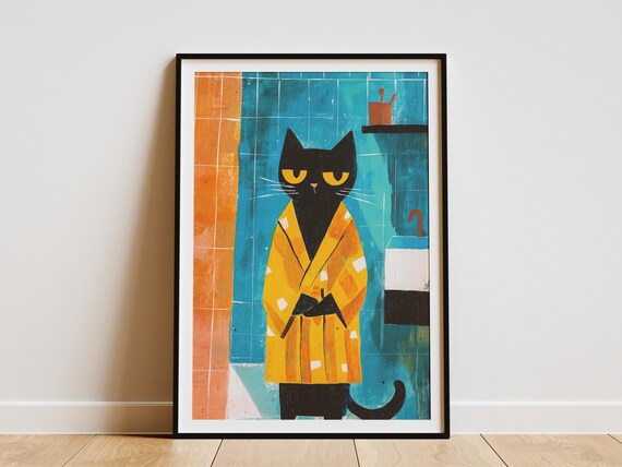 Black Cat in Yellow Bathrobe Matisse Style Bathroom Art Poster