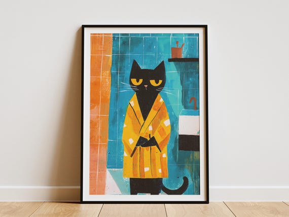 Maine Cat Bathrobe Bathroom Matisse Style Poster Print Whimsical Art Funny Decor Lover Home