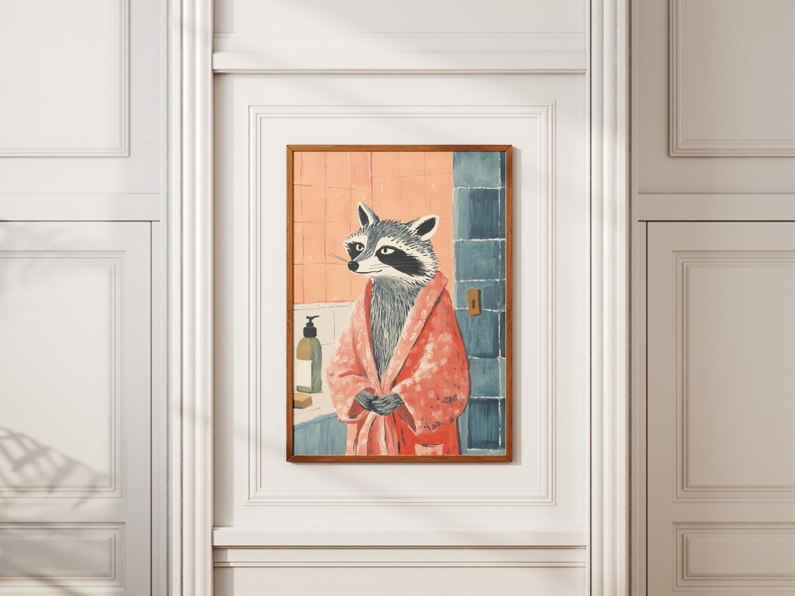 Raccoon in a Pink Bathrobe Cute Bathroom Animal Art Wall Poster - Image 2