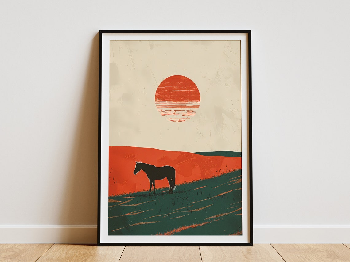 Horse Silhouette Sunset Minimalist Japandi Red Sun Prairie Poster