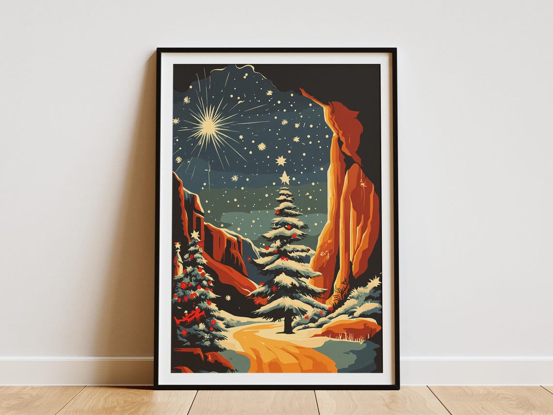 Wind Cave Christmas Trees in a Canyon Under a Starry Night Poster