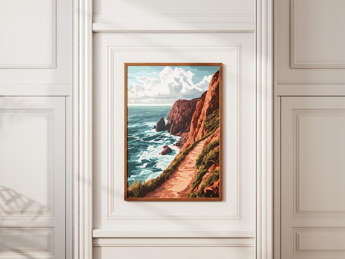 Red Rock Cliffside Trail Above Turquoise Ocean Illustration Poster - Image 2
