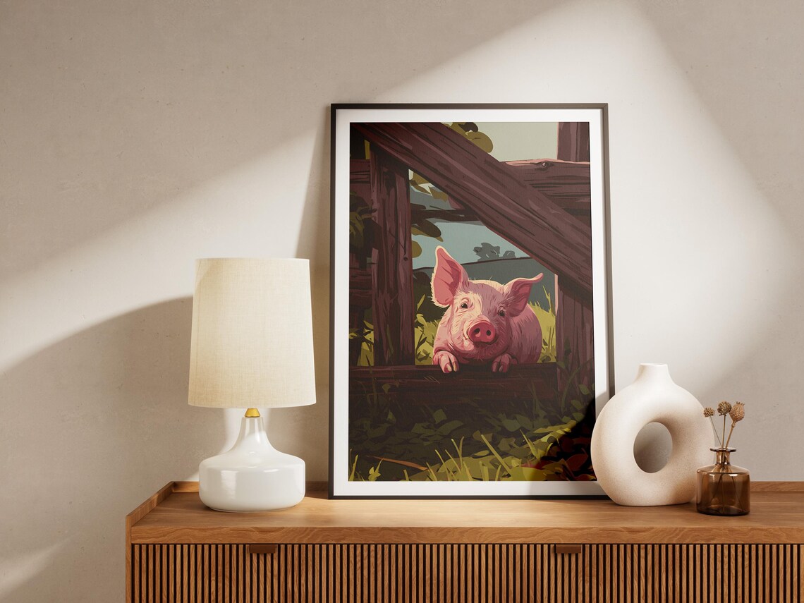 Pink Piglet Peeking Over Wooden Fence Rustic Farm Barnyard Poster - Image 4