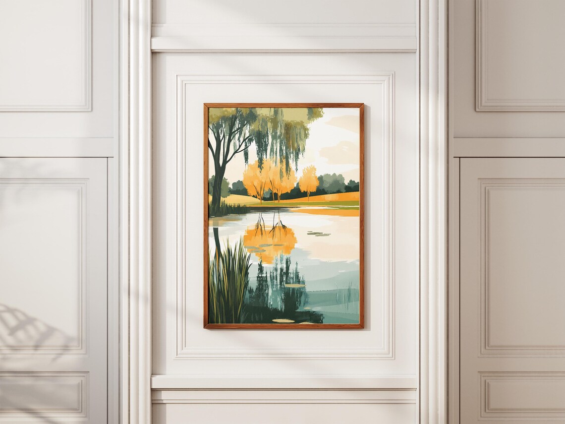 Weeping Willow by a Golden Autumn Lake with Lily Pads Art Poster - Image 2