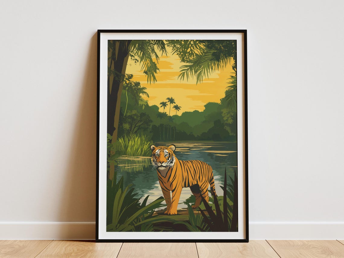 Bengal Tiger In The Sundarbans National Park India Wildlife Art Print Jungle Poster Vintage Travel Poster Nature Illustration Indian Tiger