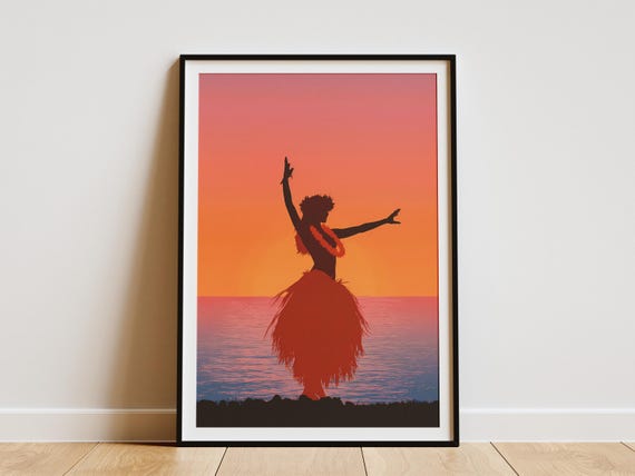 Hula Dancer Art Print Hawaiian Sunset Poster Tropical Island Wall Ocean Horizon Silhouette Girl Gift Home Decor