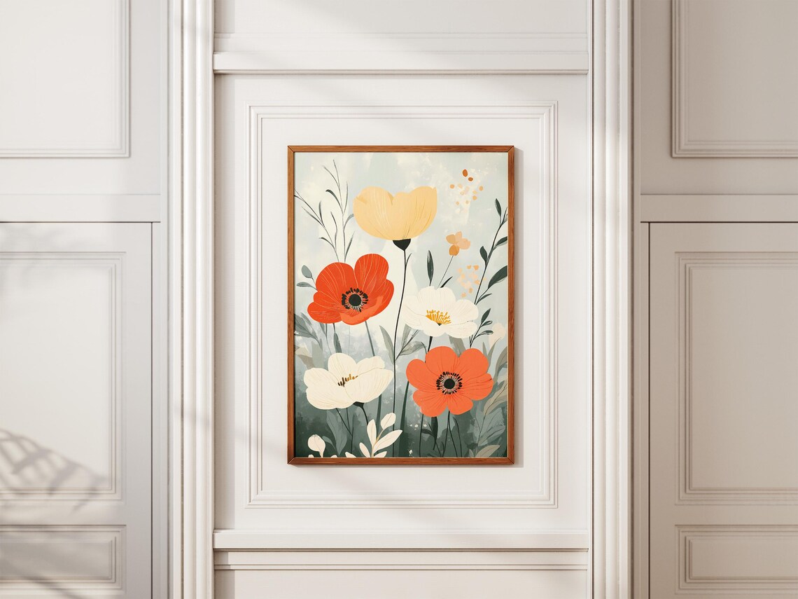 Red White Orange Anemone Wildflowers in Soft Watercolor Art Poster - Image 2
