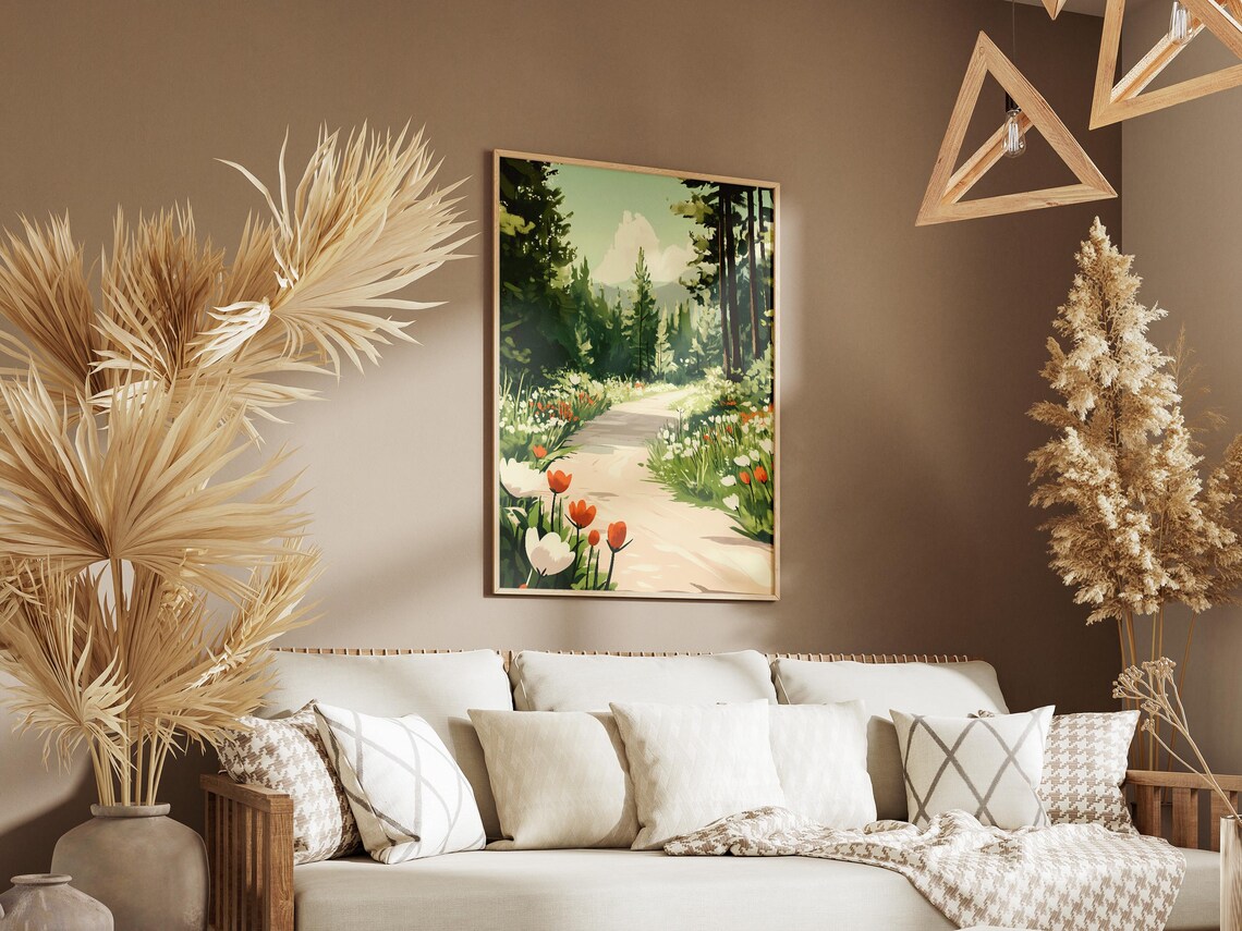 Forest Road Lined With Red Tulips And White Wildflowers Poster - Image 3