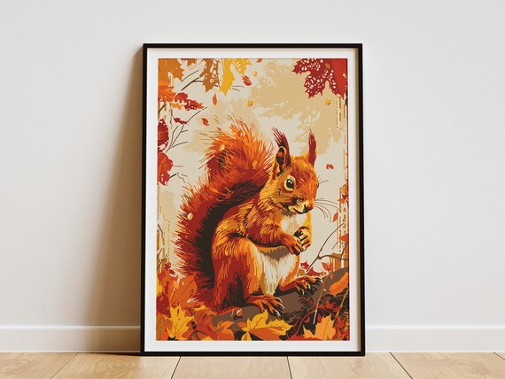 Red Squirrel Autumn Leaves Rustic Fall Woodland Animal Poster