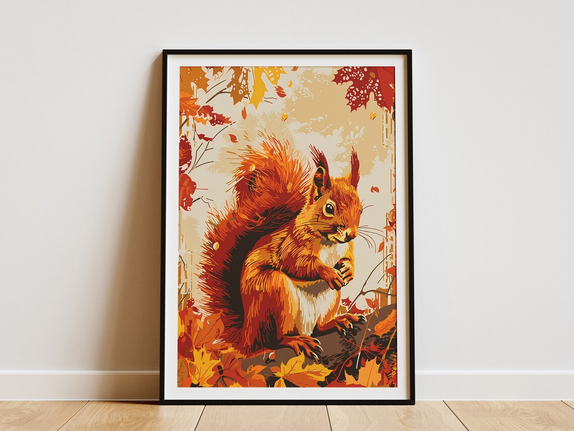 Red Squirrel Autumn Leaves Rustic Fall Woodland Animal Poster
