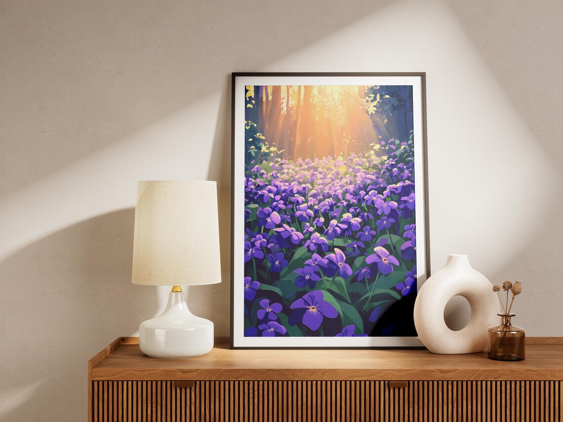 Sunlit Purple Violet Wildflower Clearing in the Forest Art Poster - Image 5