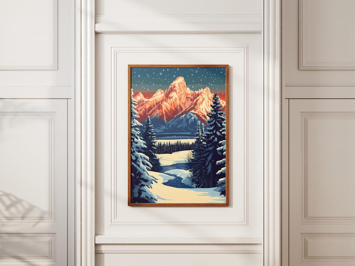 Grand Teton National Park Winter Landscape Poster Vintage Travel Poster Snowy Mountains Art Print Festive Holiday Decor Wyoming National - Image 2