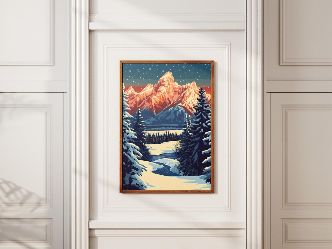 Grand Teton Winter Sunset With Snowy Peaks Vintage Travel Poster - Image 2