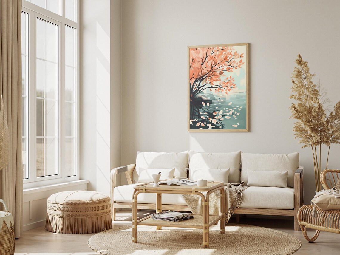 Peach Autumn Leaves Drifting Over Teal Water Landscape Art Poster - Image 4