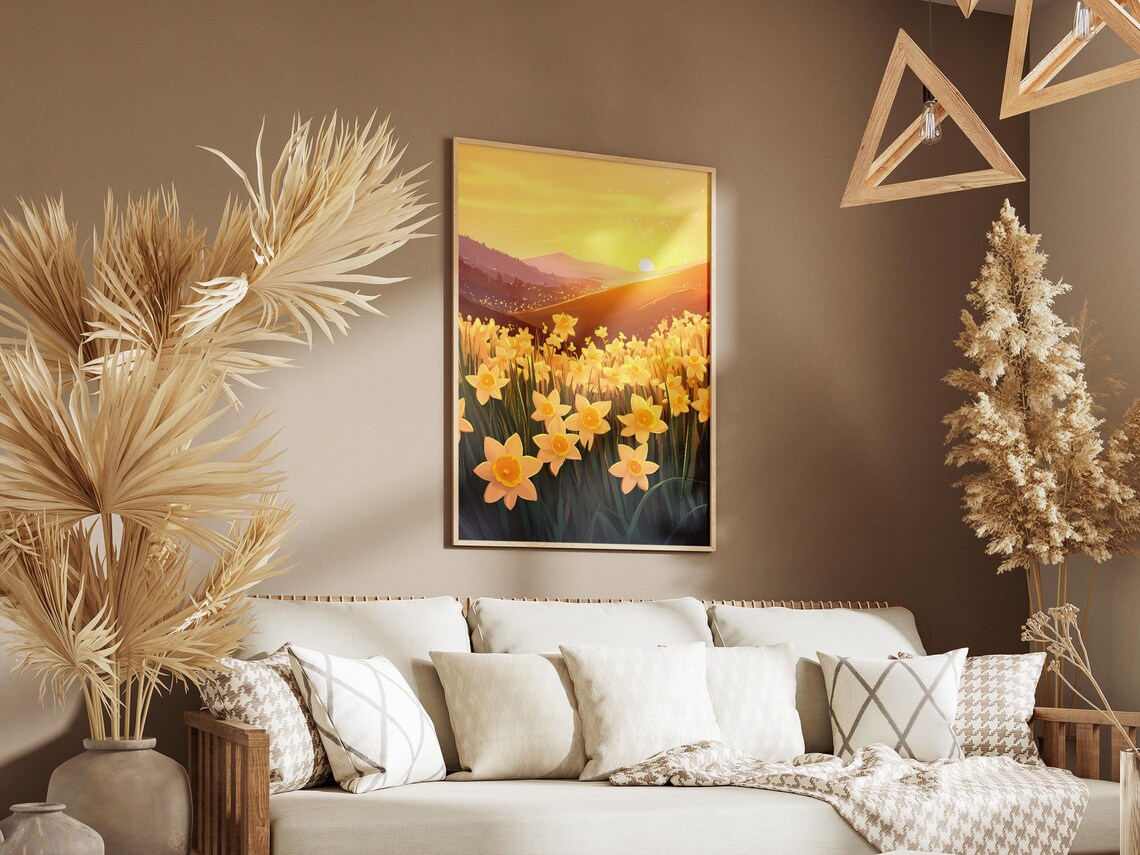 Golden Daffodil Hillside Sunrise Spring Meadow Landscape Poster - Image 3