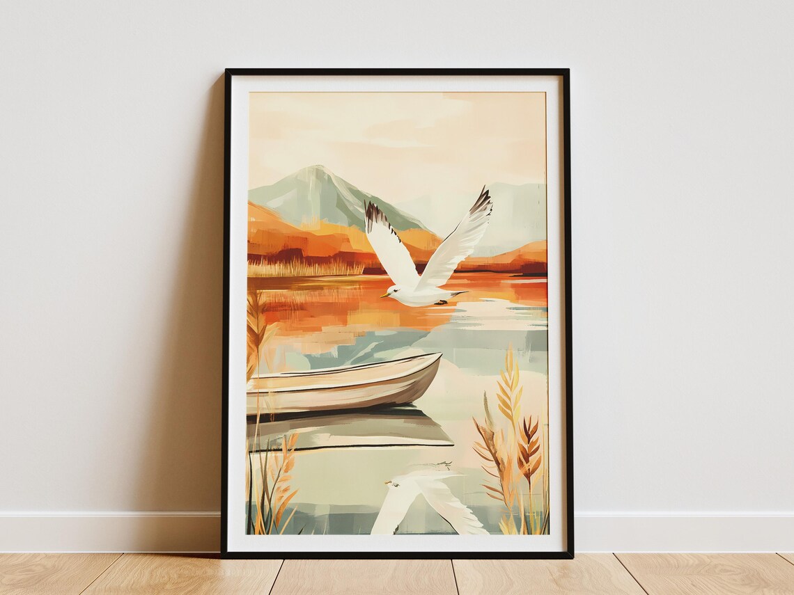 White Seagull Soaring Over a Wooden Canoe on an Autumn Lake Poster