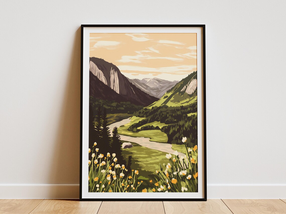 Alpine Valley with Winding River and Wildflower Meadow Poster