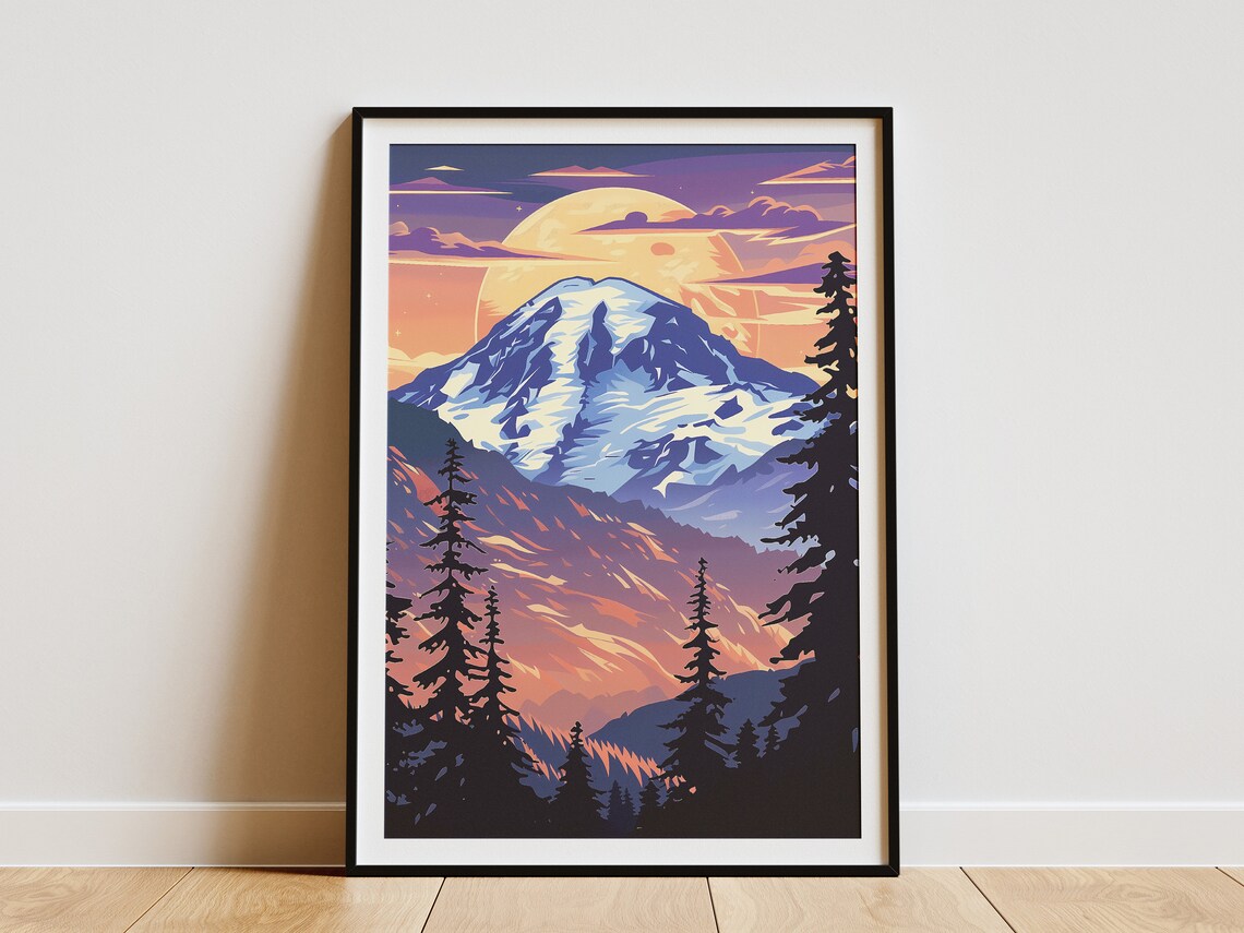 Mount Rainier National Park Snow Peak Sunset Vintage Travel Poster