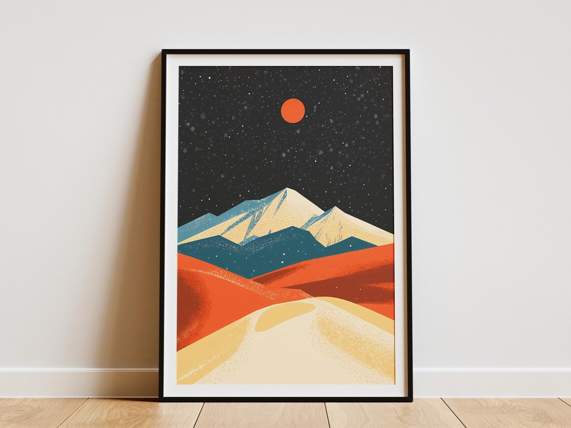 Great Sand Dunes at Night With Red Moon and Snowy Peaks Poster