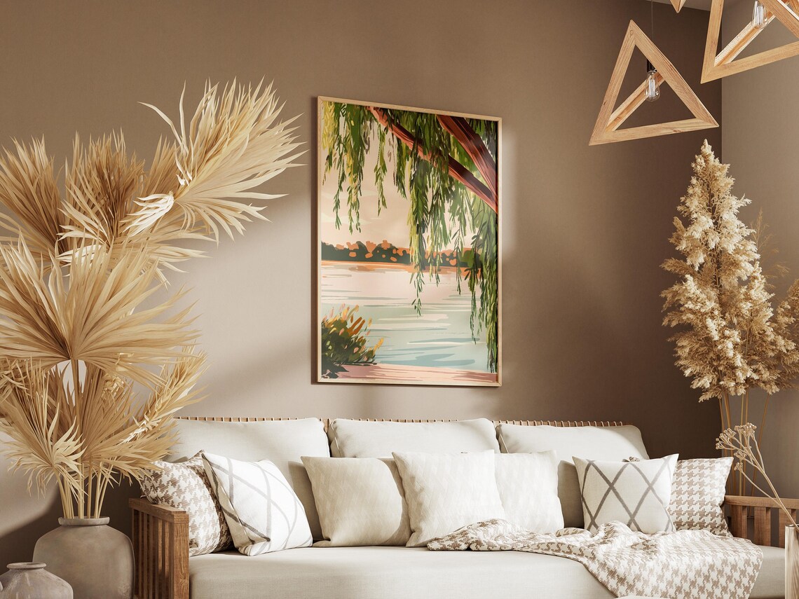 Willow Branches Over Golden Lake At Dusk Peaceful Landscape Poster - Image 3