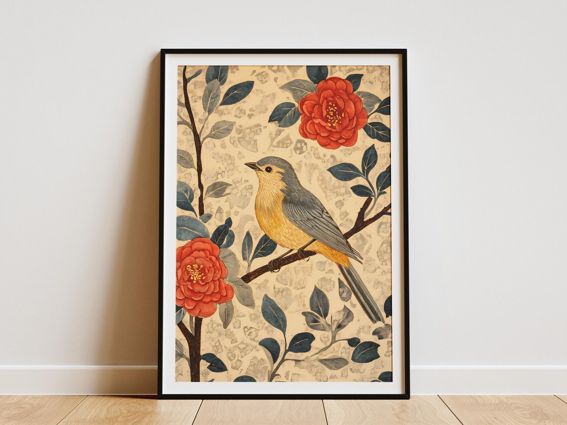 Yellow Songbird Perched On Branch Red Camellia Flowers Poster