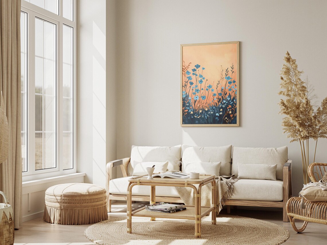 Blue Wildflowers in a Golden Sunset Meadow Illustration Poster - Image 4