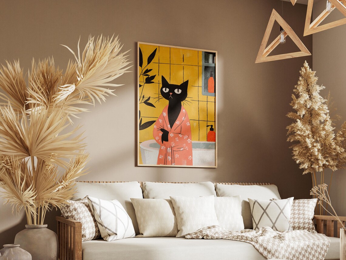 Black Cat Floral Bathrobe Mustard Yellow Tile Bathroom Art Poster - Image 3