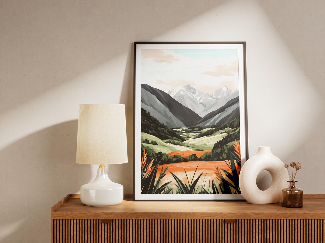 Snowy Mountain Valley With Green Pastures and Golden Field Poster - Image 5