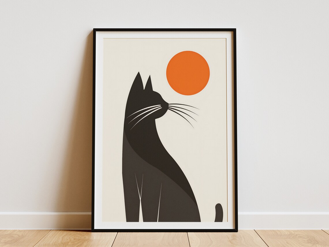 Black Cat Silhouette Gazing At Orange Sun Minimalist Art Poster