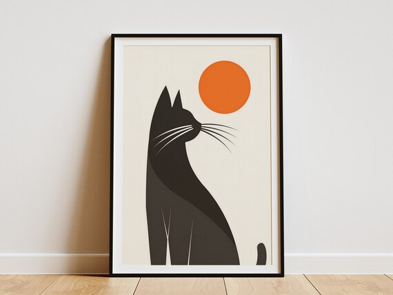 Black Cat Silhouette Gazing At Orange Sun Minimalist Art Poster